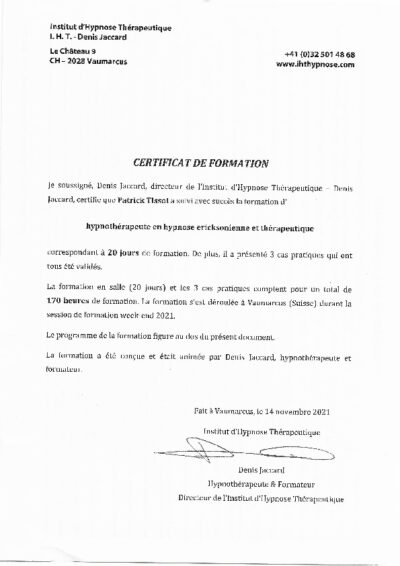 Certificat de formation en hypnose thérapeutique