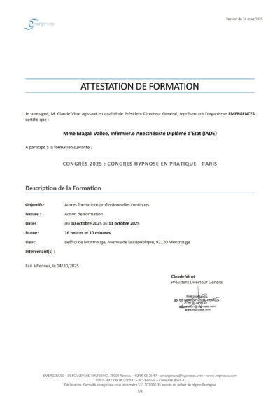 attestation formation CONGRES 2025 CONGRES HYPNOSE EN PRATIQUE PARIS Magali Vallee